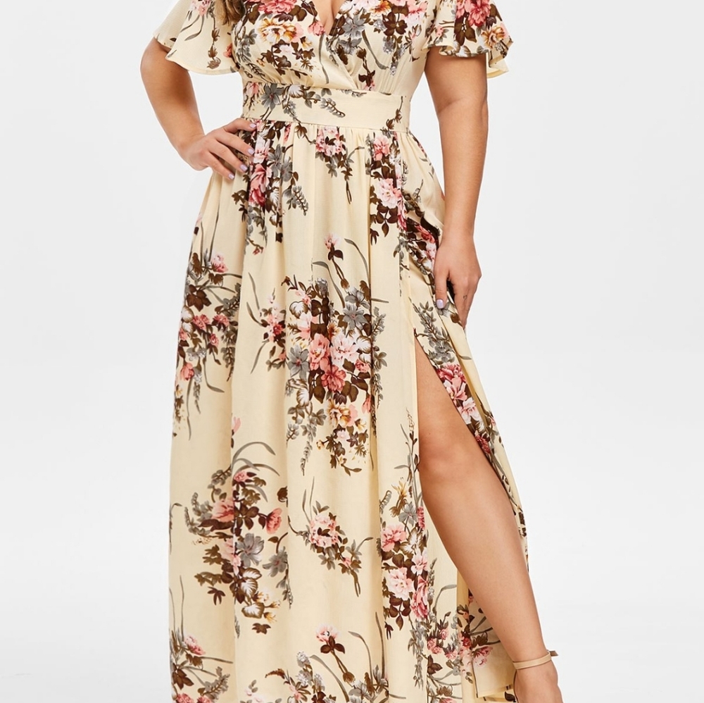 Rosegal Floral Maxi Dress Low Cut split